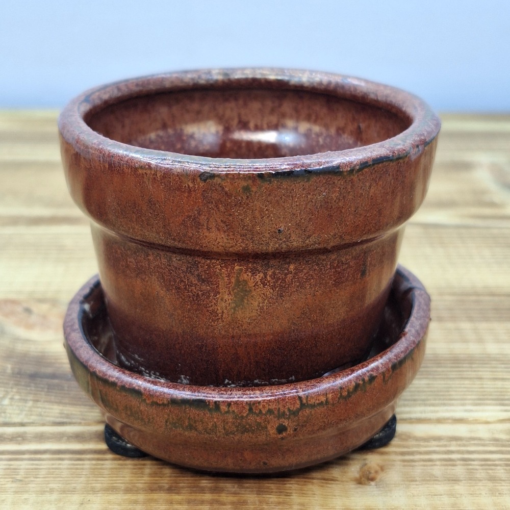 Miniature Art Pottery Planter Glazed Flowerpot Pot W/ Dish 2 1/4" High Marked